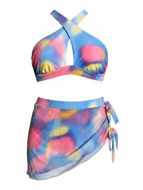 Multicolor Tie-Dye Cross Halter Bikini with attached Side-Tie Skirt